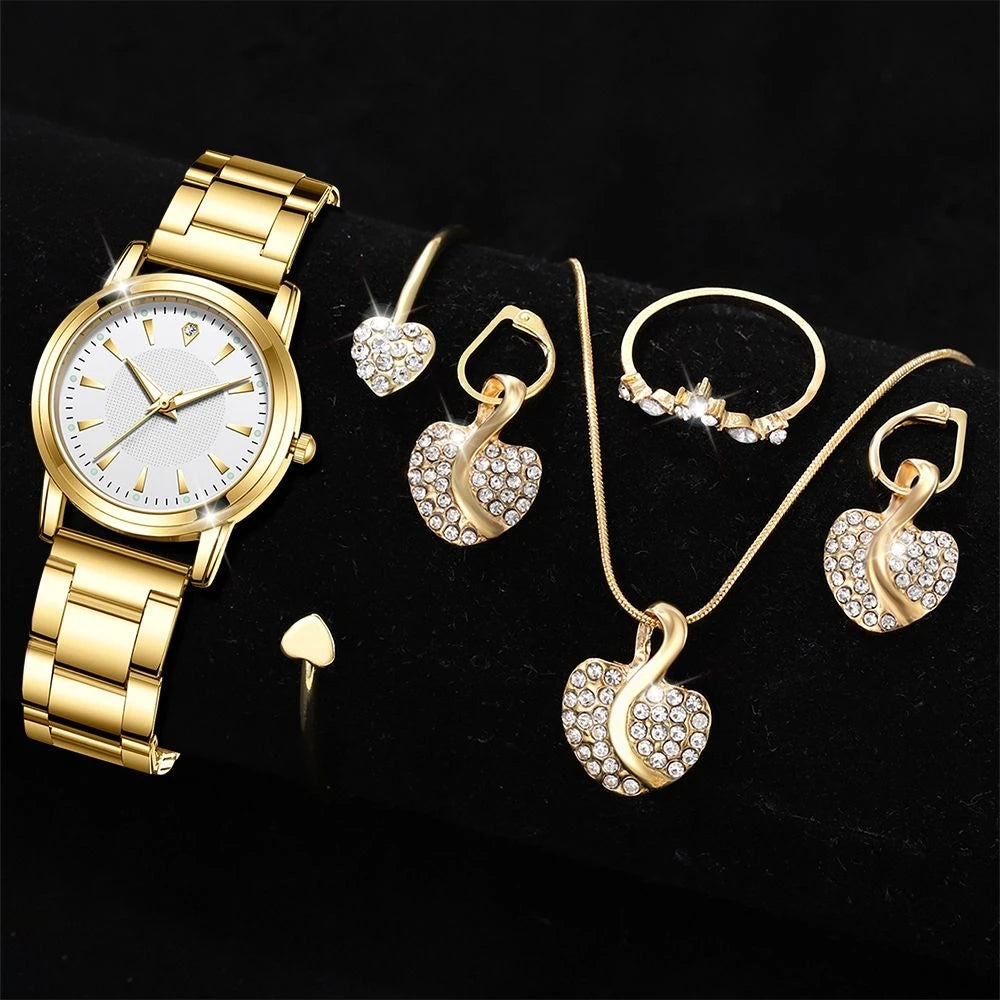 Gold Luxury Women’s Quartz Watch & Jewellery Gift Set – 4-in-1 Elegant Timepiece with Matching Ring, Necklace & Earrings