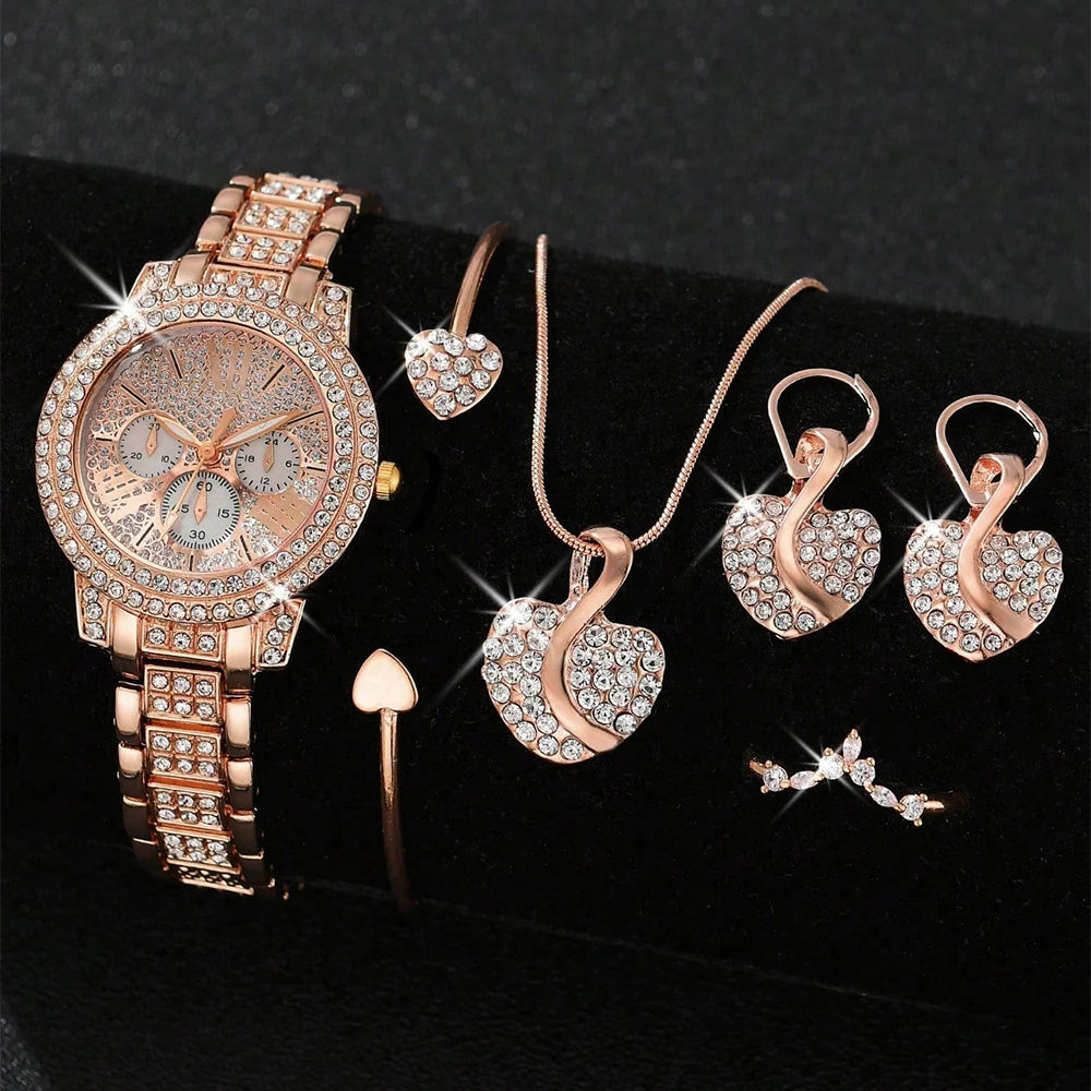 Gold Luxury Women’s Quartz Watch & Jewellery Gift Set – 4-in-1 Elegant Timepiece with Matching Ring, Necklace & Earrings