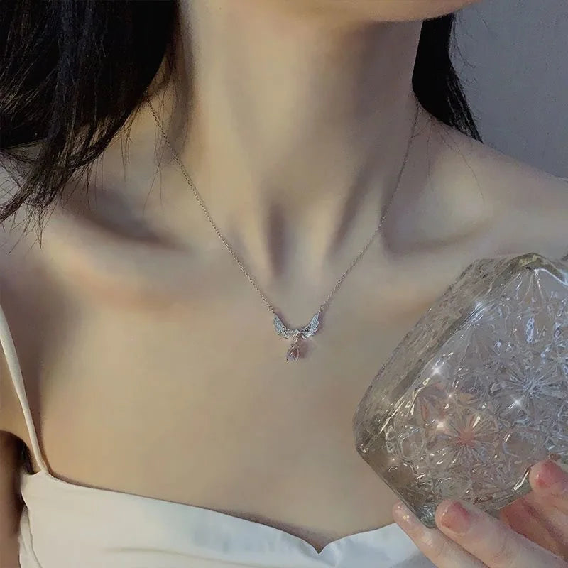 Angel Wings Pendant Necklace with Iridescent Teardrop Stone – Elegant Women’s Jewelry for Weddings, Parties & Gifts