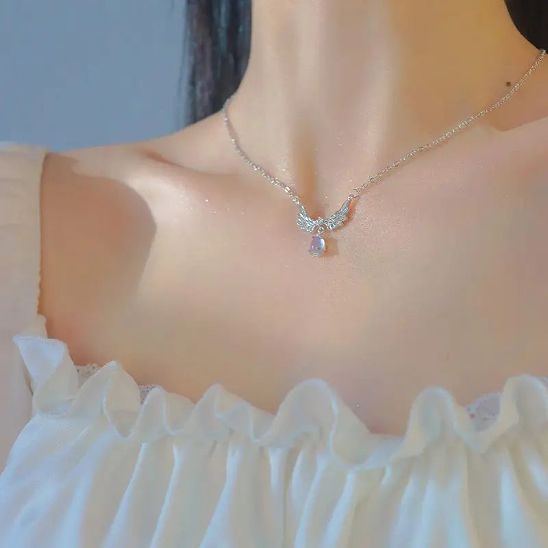 Angel Wings Pendant Necklace with Iridescent Teardrop Stone – Elegant Women’s Jewelry for Weddings, Parties & Gifts