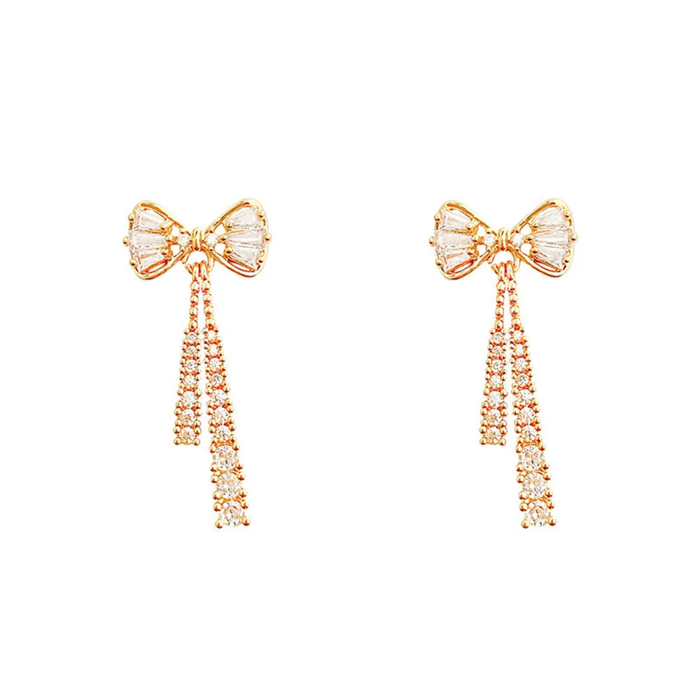 Temperament Bowknot Dangle Stud Earrings For Women Chic Gold Color Shiny Rhinestone Long Earrings Fashion Trendy Jewelry