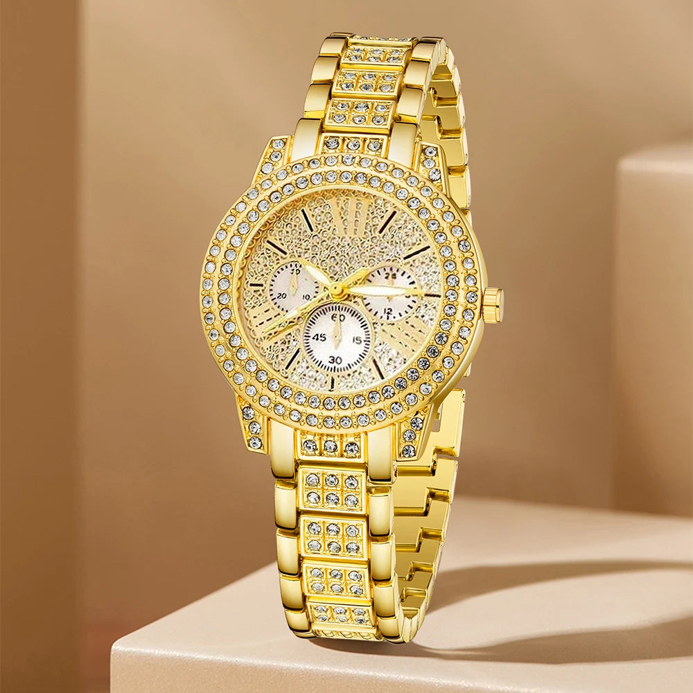 Gold Luxury Women’s Quartz Watch & Jewellery Gift Set – 4-in-1 Elegant Timepiece with Matching Ring, Necklace & Earrings