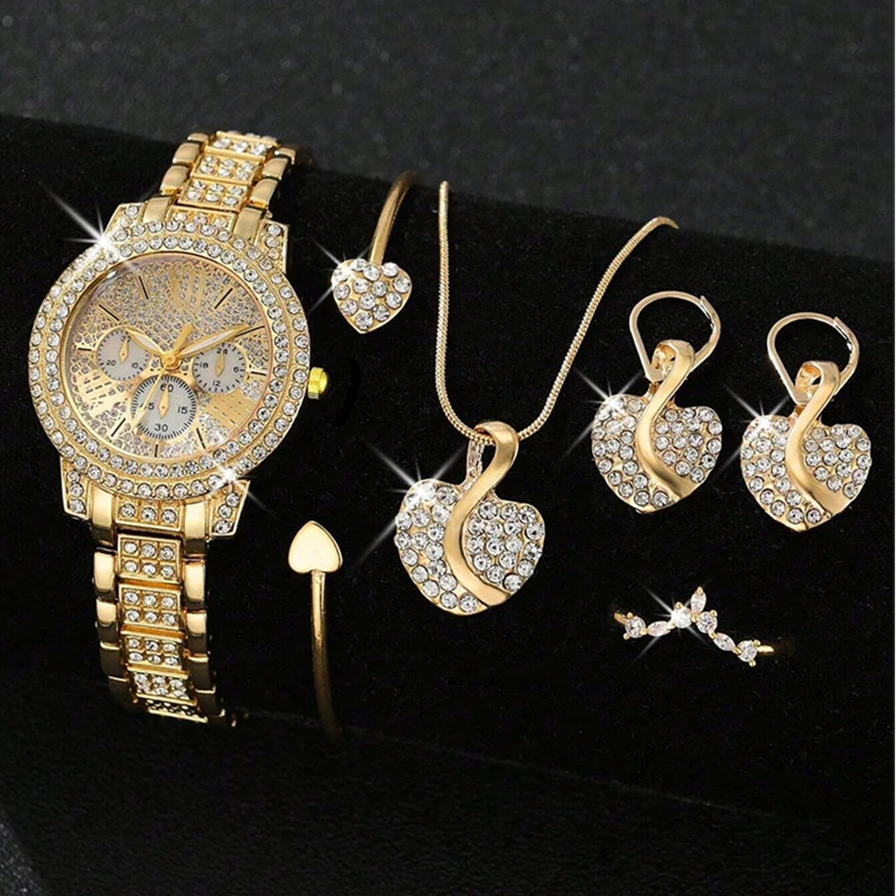 Gold Luxury Women’s Quartz Watch & Jewellery Gift Set – 4-in-1 Elegant Timepiece with Matching Ring, Necklace & Earrings