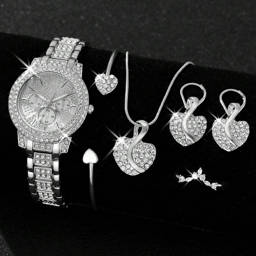 Gold Luxury Women’s Quartz Watch & Jewellery Gift Set – 4-in-1 Elegant Timepiece with Matching Ring, Necklace & Earrings
