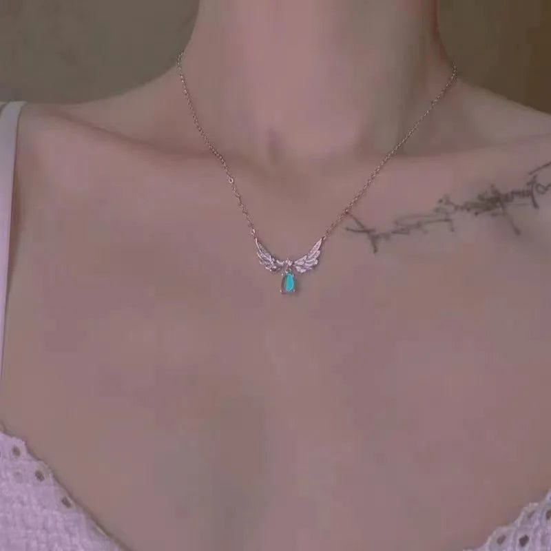 Angel Wings Pendant Necklace with Iridescent Teardrop Stone – Elegant Women’s Jewelry for Weddings, Parties & Gifts