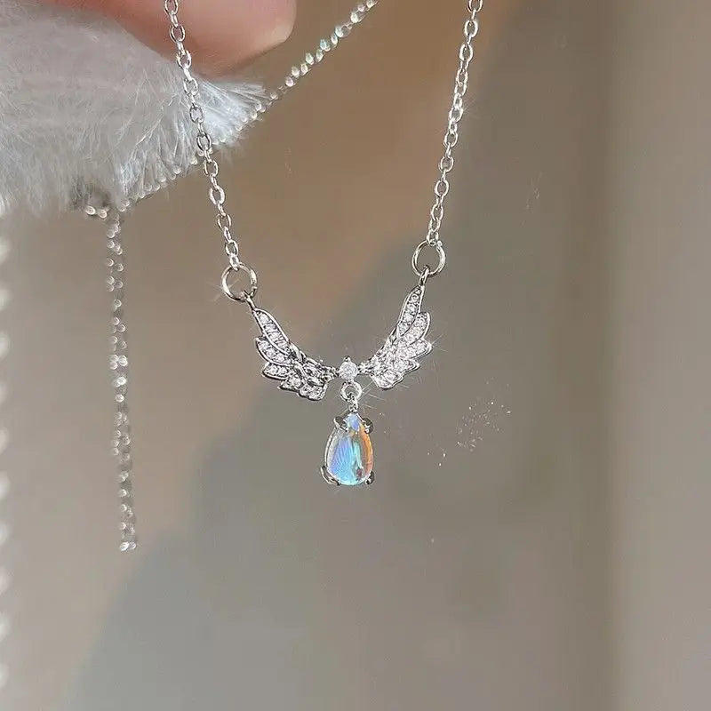 Angel Wings Pendant Necklace with Iridescent Teardrop Stone – Elegant Women’s Jewelry for Weddings, Parties & Gifts