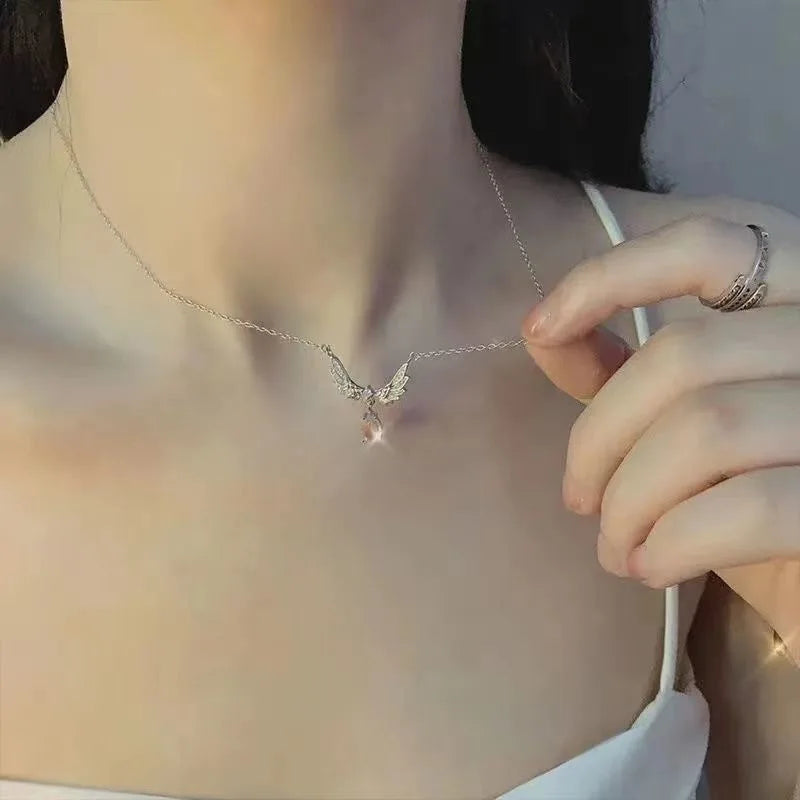 Angel Wings Pendant Necklace with Iridescent Teardrop Stone – Elegant Women’s Jewelry for Weddings, Parties & Gifts