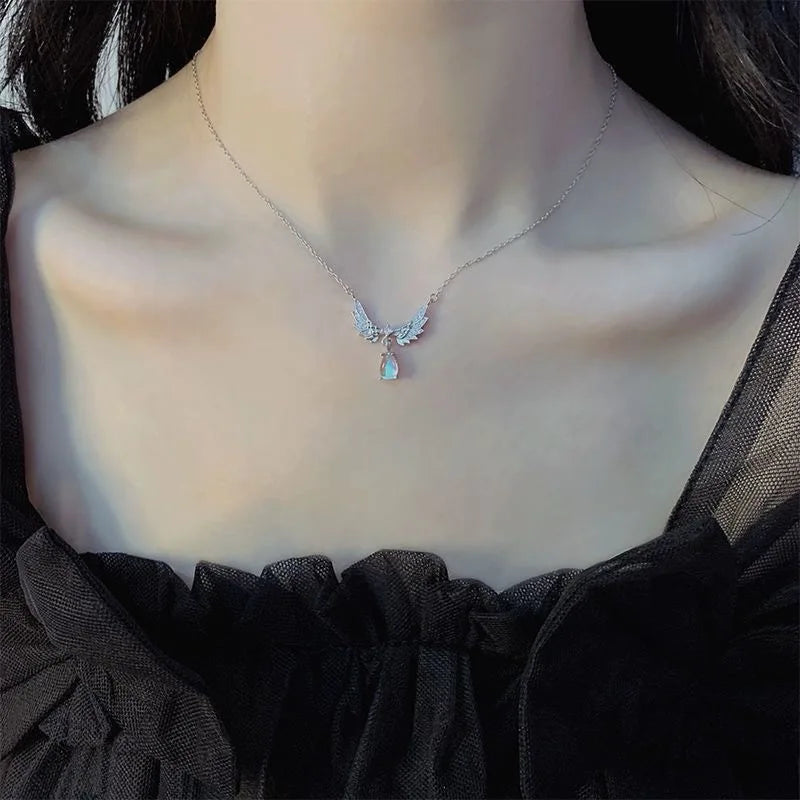 Angel Wings Pendant Necklace with Iridescent Teardrop Stone – Elegant Women’s Jewelry for Weddings, Parties & Gifts