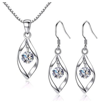 3pcs Necklace & Earrings Set | Twisted Glass Diamond with Venice Chain – White Gold & 925 Silver Finish Jewellery