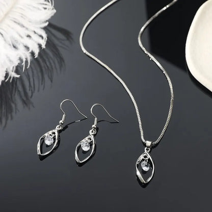 3pcs Necklace & Earrings Set | Twisted Glass Diamond with Venice Chain – White Gold & 925 Silver Finish Jewellery