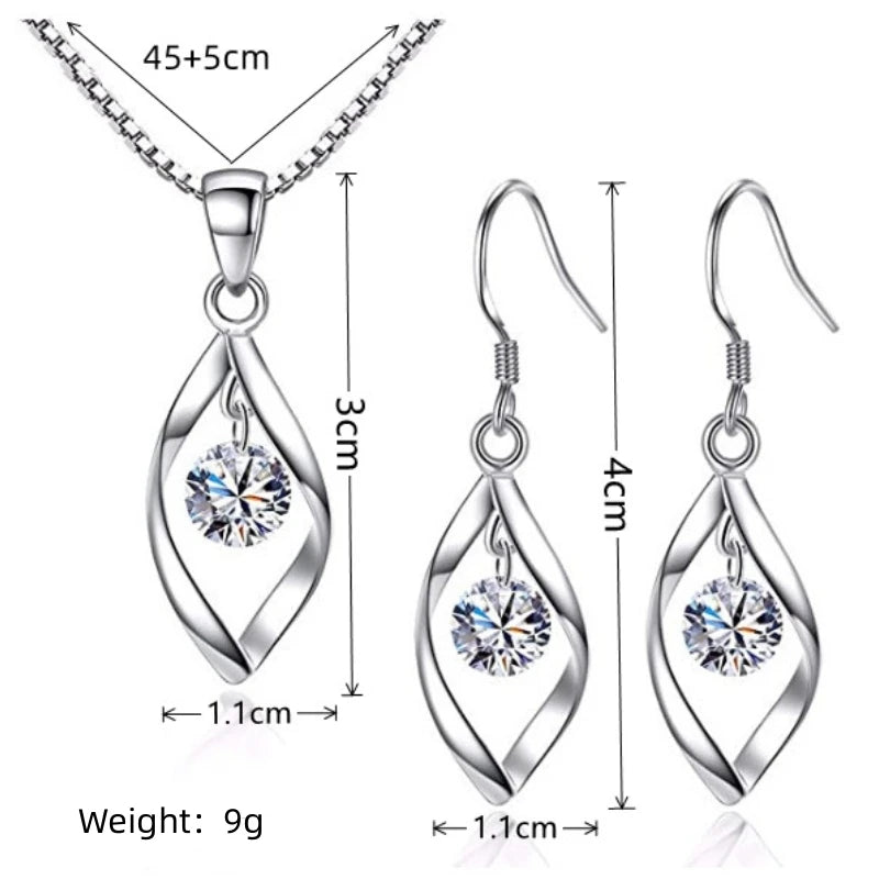 3pcs Necklace & Earrings Set | Twisted Glass Diamond with Venice Chain – White Gold & 925 Silver Finish Jewellery