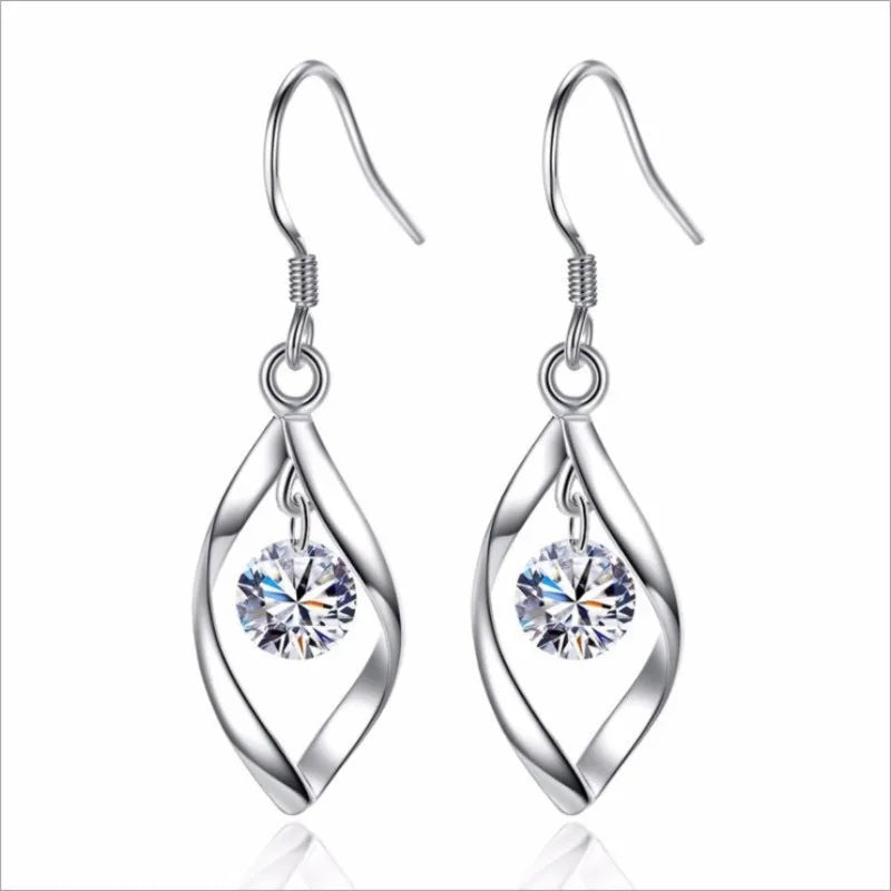 3pcs Necklace & Earrings Set | Twisted Glass Diamond with Venice Chain – White Gold & 925 Silver Finish Jewellery