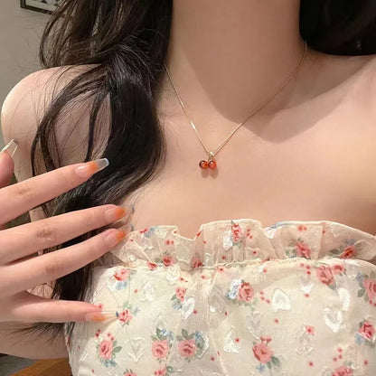 Little Wine Red Cherry Pendant Necklaces For Women Fashion Personality Fruit Golden Chain Necklace Party Jewelry Birthday Gifts