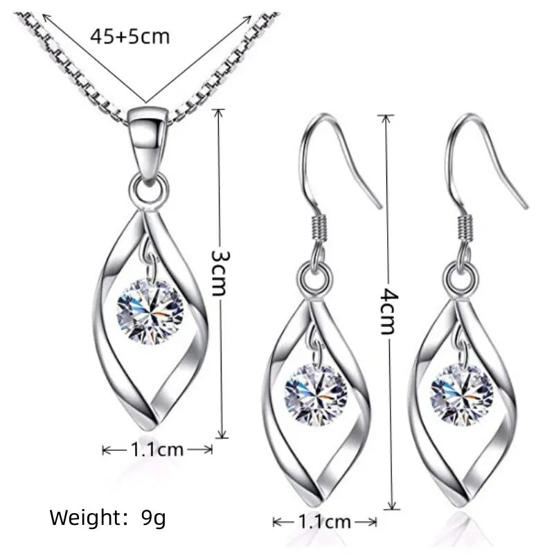 3pcs Necklace & Earrings Set | Twisted Glass Diamond with Venice Chain – White Gold & 925 Silver Finish Jewellery
