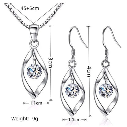 3pcs Necklace & Earrings Set | Twisted Glass Diamond with Venice Chain – White Gold & 925 Silver Finish Jewellery