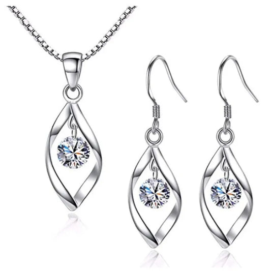 3pcs Necklace & Earrings Set | Twisted Glass Diamond with Venice Chain – White Gold & 925 Silver Finish Jewellery