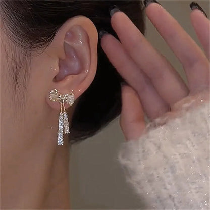 Fashion Zircon Bow Earrings Acrylic Crystal Tassel Earrings For Women Fashion Party Jewelry Trendy Accessories Gifts