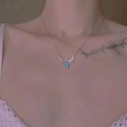 Angel Wings Pendant Necklace with Iridescent Teardrop Stone – Elegant Women’s Jewelry for Weddings, Parties & Gifts