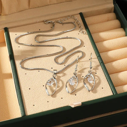 3pcs Necklace & Earrings Set | Twisted Glass Diamond with Venice Chain – White Gold & 925 Silver Finish Jewellery