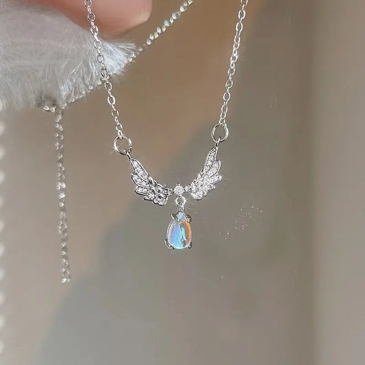 Angel Wings Pendant Necklace with Iridescent Teardrop Stone | Elegant Women’s Jewellery for Weddings & Gifts