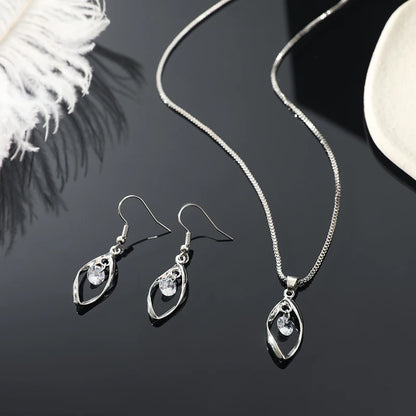 3pcs Necklace & Earrings Set | Twisted Glass Diamond with Venice Chain – White Gold & 925 Silver Finish Jewellery