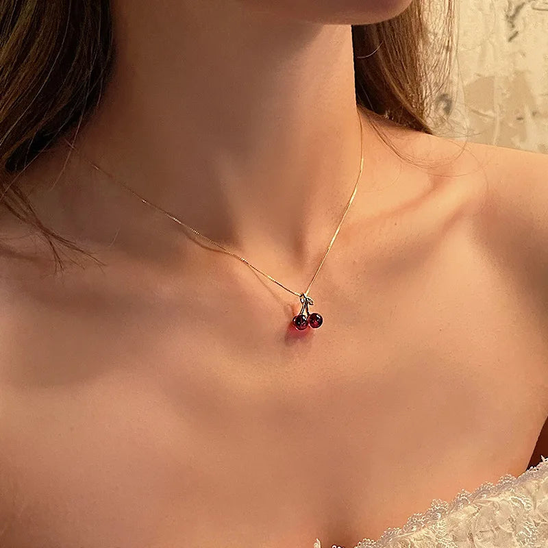 Little Wine Red Cherry Pendant Necklaces For Women Fashion Personality Fruit Golden Chain Necklace Party Jewelry Birthday Gifts