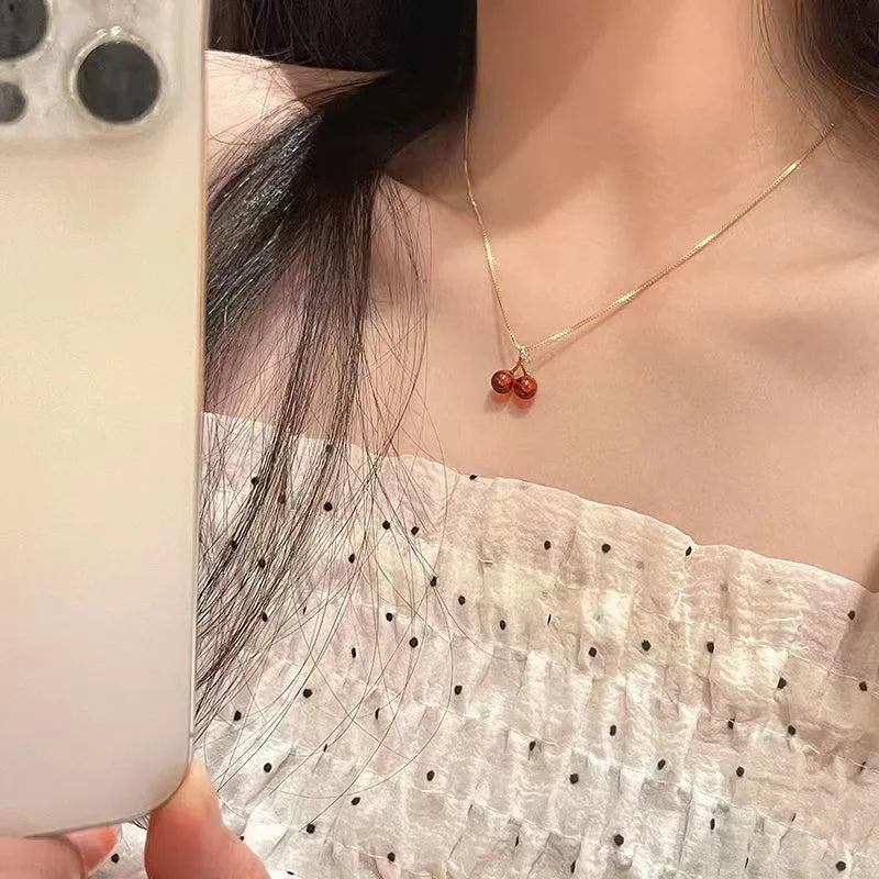 Little Wine Red Cherry Pendant Necklaces For Women Fashion Personality Fruit Golden Chain Necklace Party Jewelry Birthday Gifts