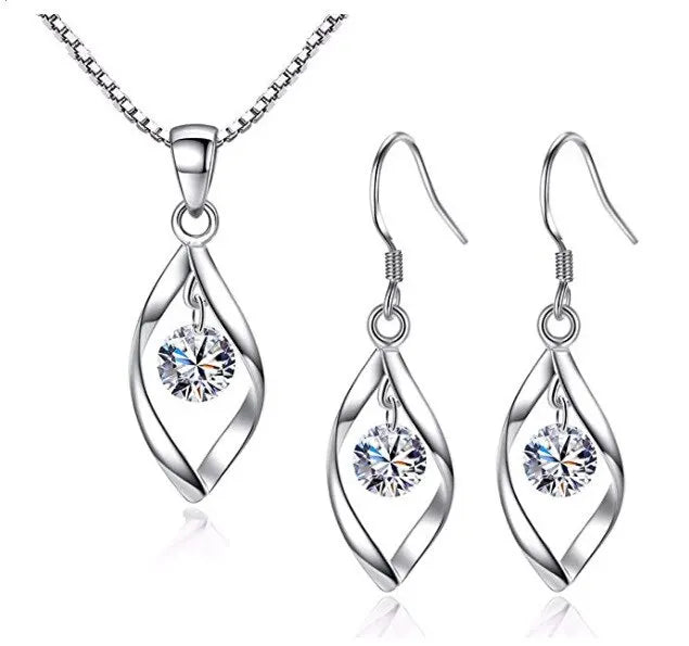 3pcs Necklace & Earrings Set | Twisted Glass Diamond with Venice Chain – White Gold & 925 Silver Finish Jewellery