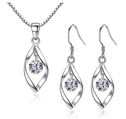 3pcs Necklace & Earrings Set | Twisted Glass Diamond with Venice Chain – White Gold & 925 Silver Finish Jewellery