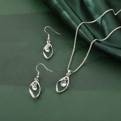 3pcs Necklace & Earrings Set | Twisted Glass Diamond with Venice Chain – White Gold & 925 Silver Finish Jewellery